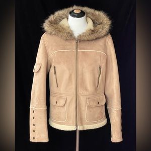 Giacca faux suede, faux sheepskin lined & faux fur trimmed hood jacket size L.
